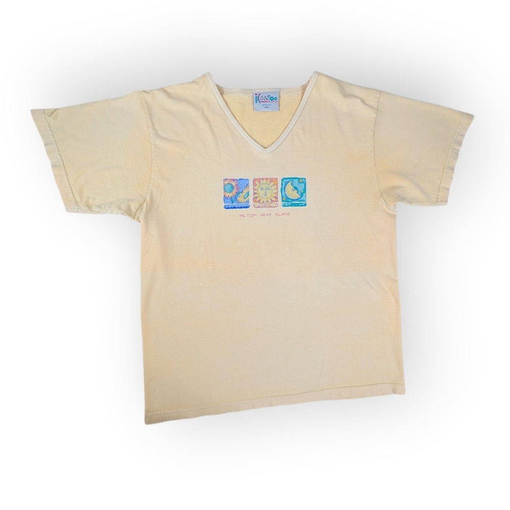 Vintage Sun Moon T-Shirt Yellow Large Cotton butter mom grannycore